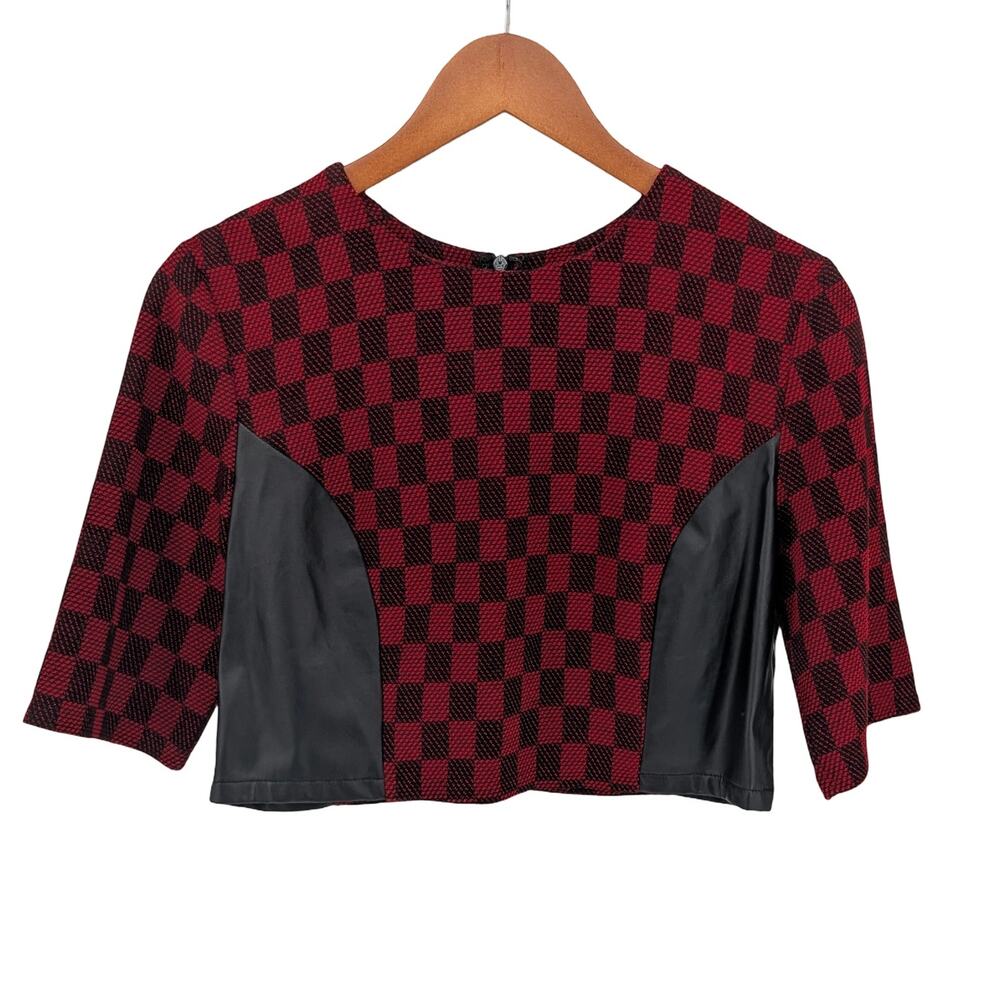 NWT Do & Be Buffalo Plaid Crop Top Red Black Faux Leather Panel 3/4 Sleeve S